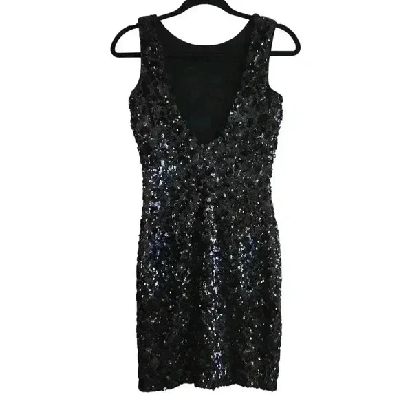 Dress the Population Black Sequined Deep V-Back Mini Dress Size Small #069 - Picture 3 of 8